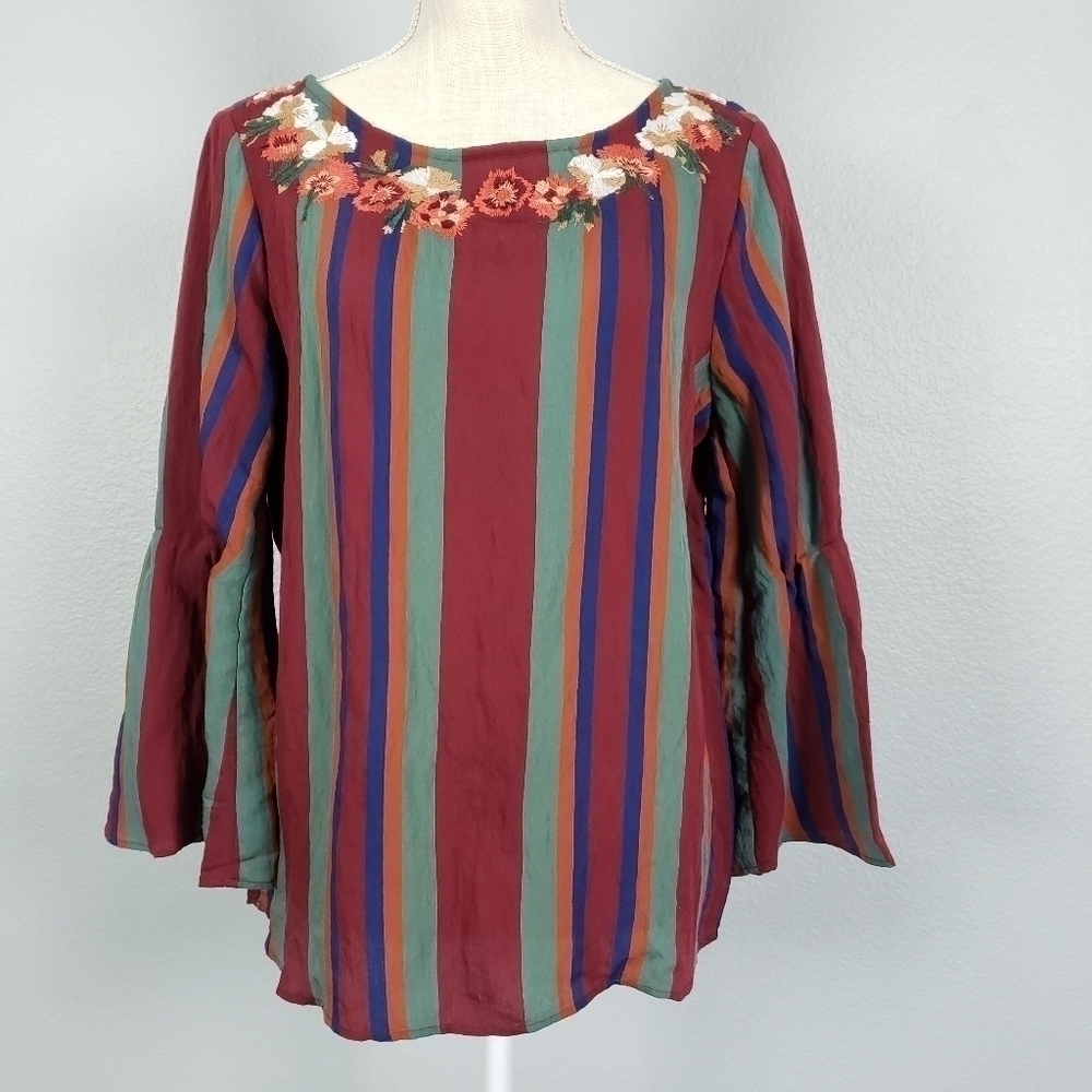 MADEWELL Floral Embroidered Neckline Striped Bell Sleeve Top Sz S
